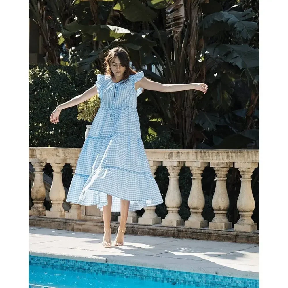 Ephemera Trapezee Maxi Dress Sky Gingham - Picture 2 of 8